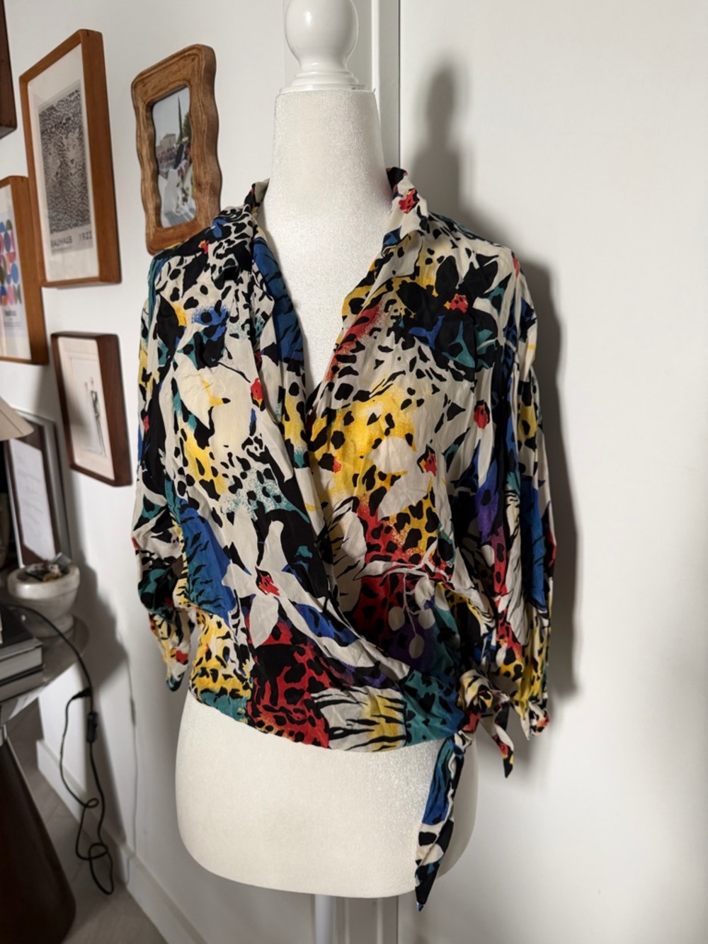 The Kooples Multicolor Floral Wrap Blouse in Cream, Blue, Yellow, Red, Black